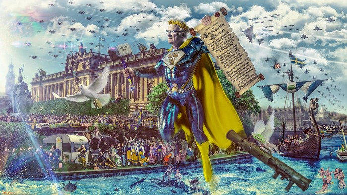 Carl XVI Gustaf as a superhero with a scroll and hammer