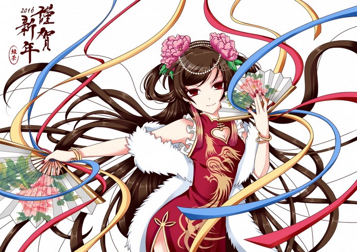 Anime girl in red dress with fans and ribbons