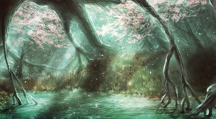 Fantasy forest with sunlight filtering through trees