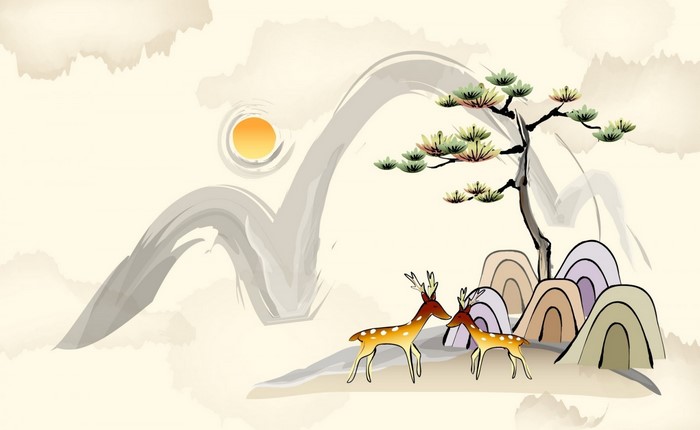 Deer and pine tree in a minimalist landscape