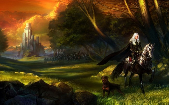 Fantasy warrior on horseback with dog near castle