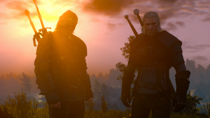 Geralt and another Witcher from The Witcher 3 Wild Hunt at sunset