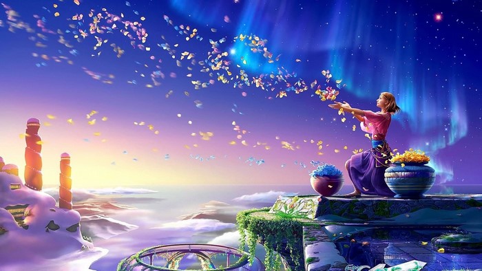 Girl throwing petals under aurora borealis