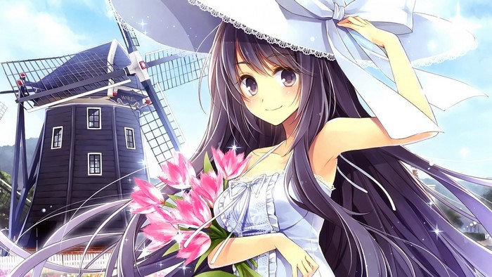 Anime girl with tulips and windmills