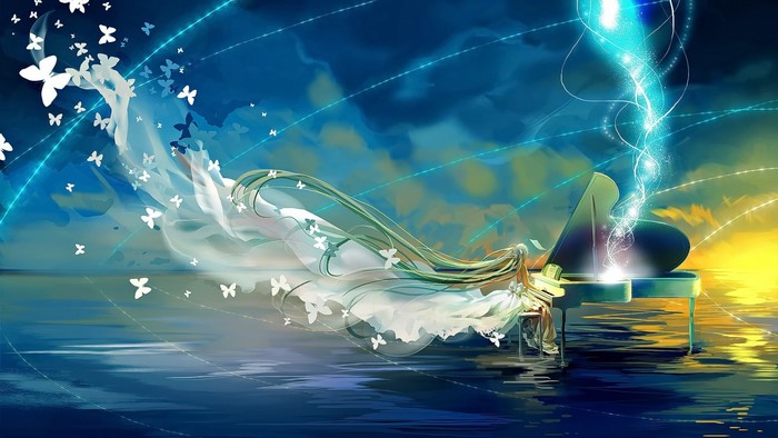 Anime Girl Playing Piano with Butterfly Illusions