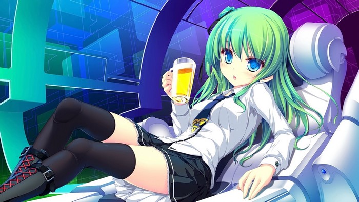 Anime girl with green hair holding a beer