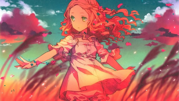 Anime girl with red hair and green eyes in a white dress