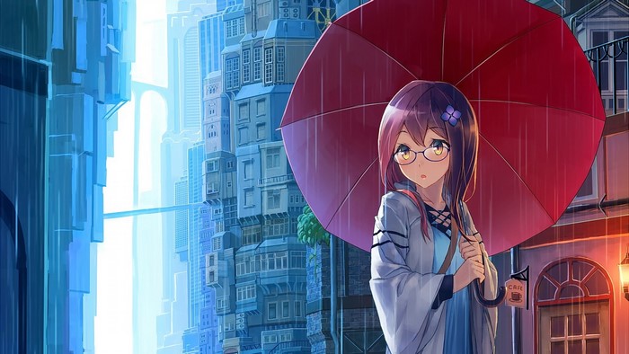 Anime girl with glasses holding red umbrella in the rain