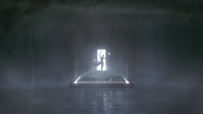 Silhouette of a dancer holding orbs in a misty environment