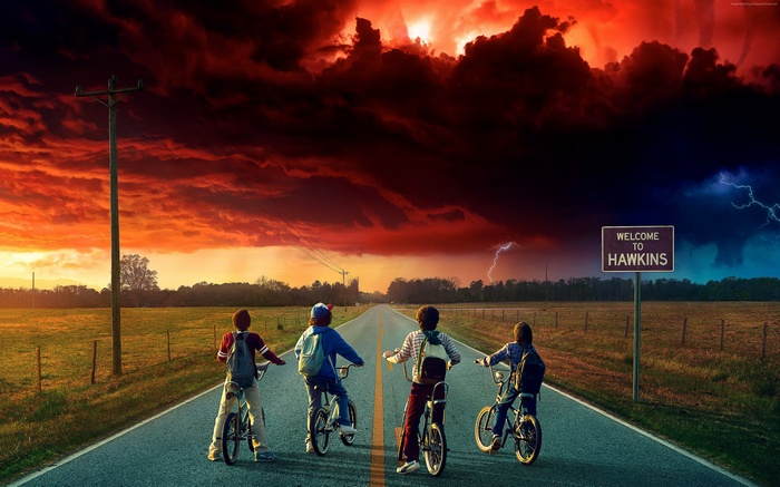 Stranger Things: Kids on bikes with dramatic sky