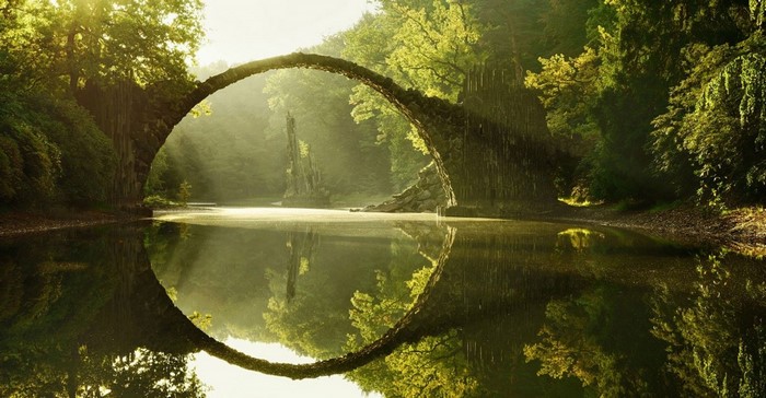 Rakotzbrücke bridge reflecting in the water