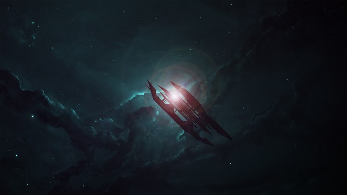 Dark space art with a spaceship and nebula