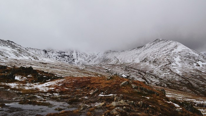 Snow-covered mountains under a cloudy sky