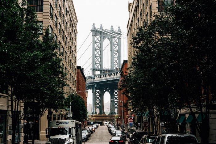 Manhattan Bridge viewed from a New York City street