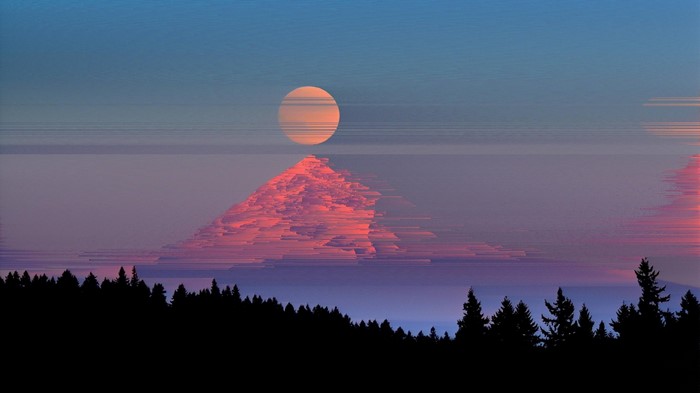 Pixelated sunset over a forest silhouette