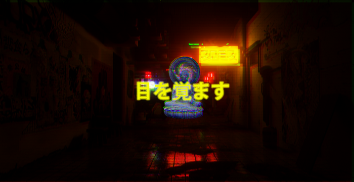 Glitchy Buddha statue in a dark alley with neon signs