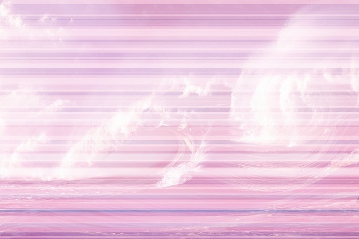 Pink and purple striped sky with clouds and ocean waves