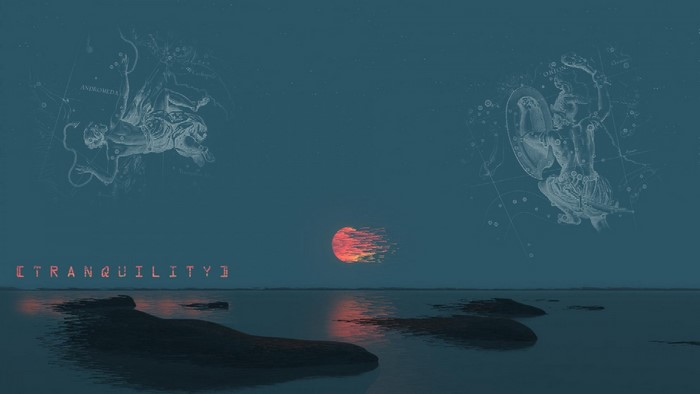 Tranquility II, Andromeda and Orion constellations over water