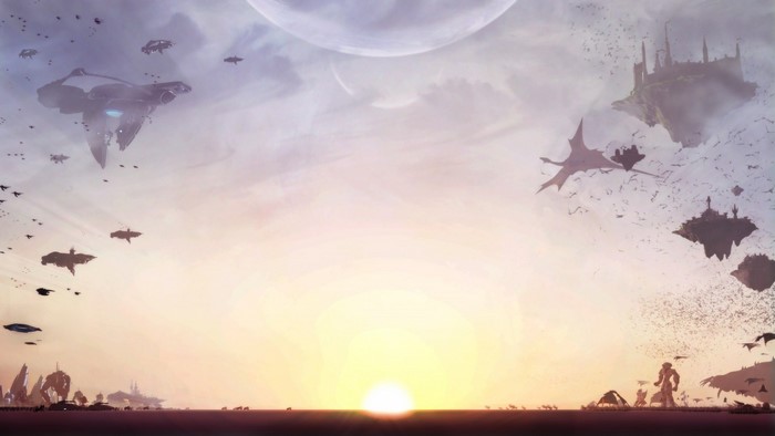 Fantasy art of floating islands and spaceships at sunset