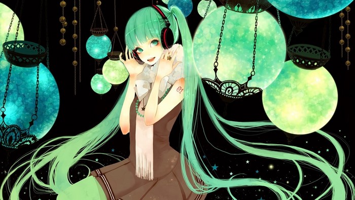 Anime girl with green hair and headphones