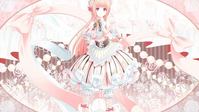 Anime girl with pink hair in a frilly dress