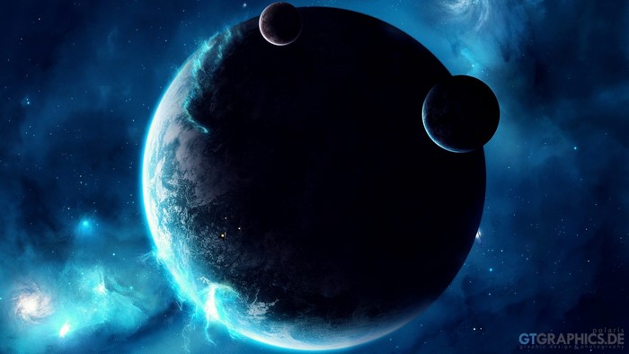 Planets and moons in deep space with nebulae
