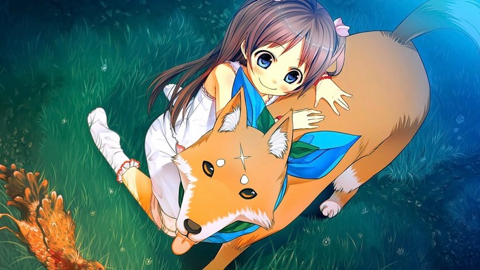 Anime girl hugging a fox-like creature in a grassy field