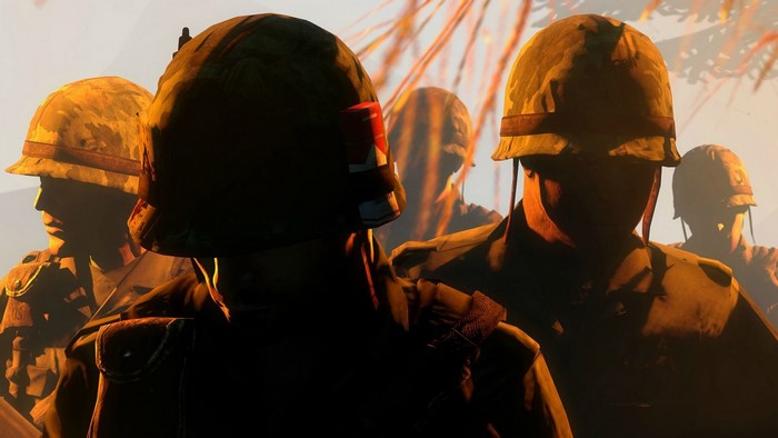 Soldiers in helmets in shadow