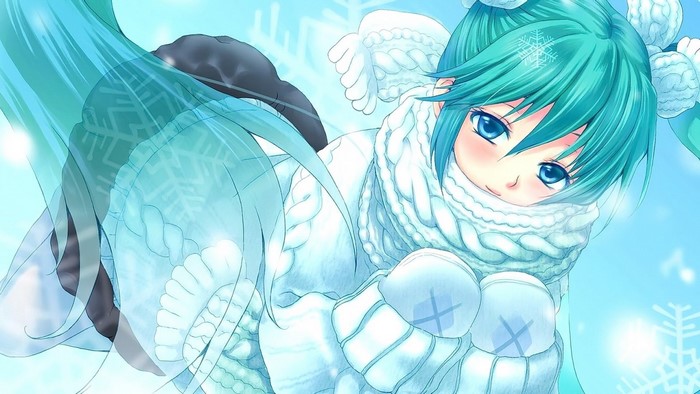 Anime girl with aqua hair in snow