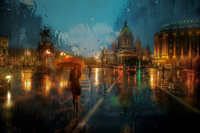 Rainy Evening at St Petersburg with Isaacs Cathedral