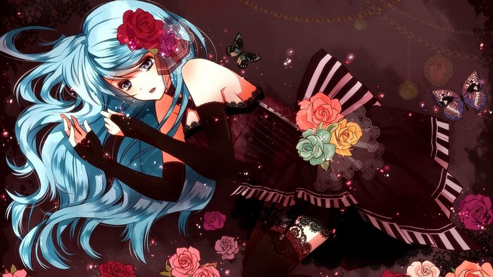 Anime girl with blue hair and roses