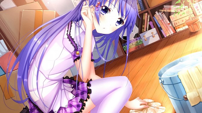 Anime girl with long purple hair cleaning