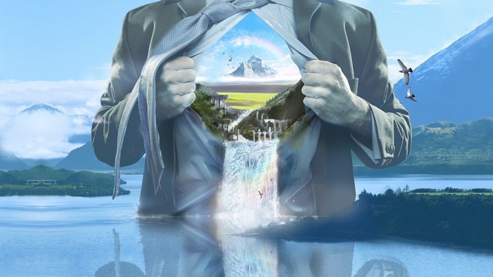 Man revealing a fantasy landscape within his chest