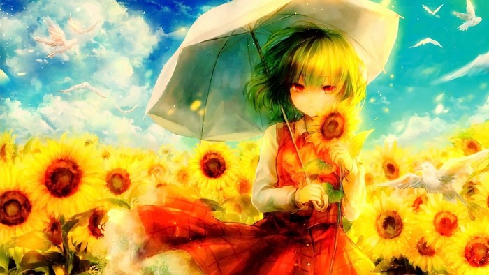 Kazami Yuuka from Touhou holding a sunflower under an umbrella