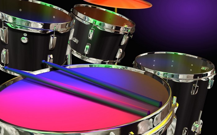 Drum set with drumsticks and cymbals