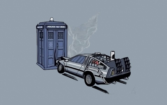DeLorean and TARDIS crossover illustration