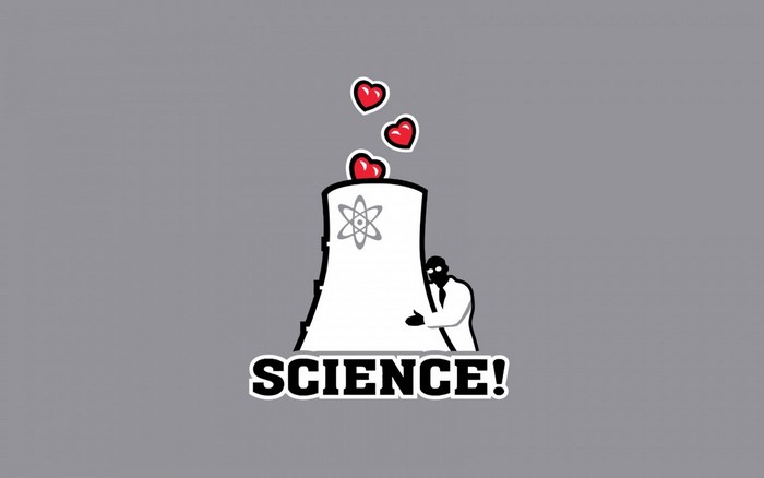 Illustration of a scientist hugging a nuclear cooling tower with hearts