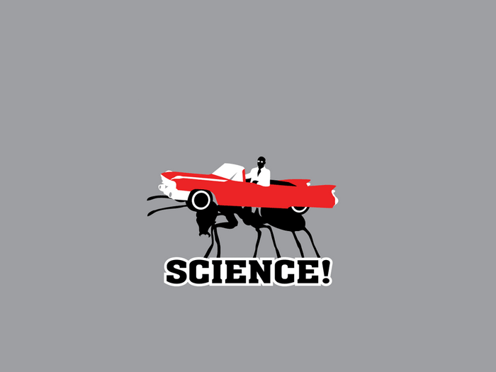 Ant driving a red car with a scientist