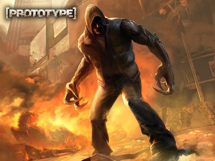 Prototype video game character in a burning city