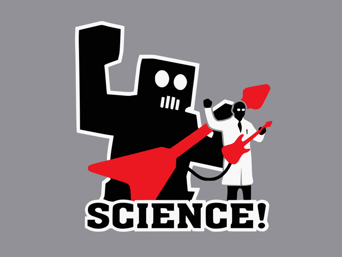 Robot and scientist playing guitars with "SCIENCE!" text