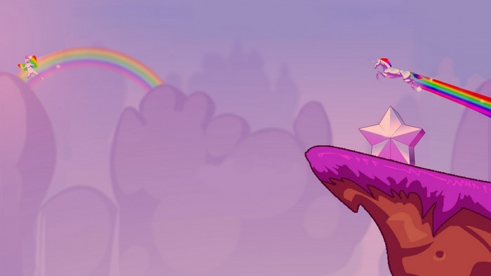 Robot Unicorn Attack: Two unicorns with rainbow trails