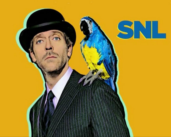 Hugh Laurie with a parrot on SNL