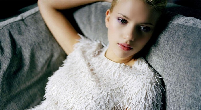 Scarlett Johansson in a white furry top