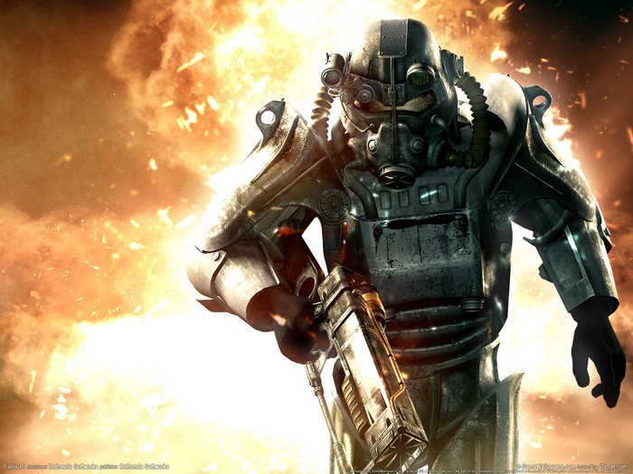 Power Armor soldier from Fallout 3 in front of fire