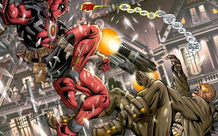 Deadpool fighting an enemy in a comic book panel