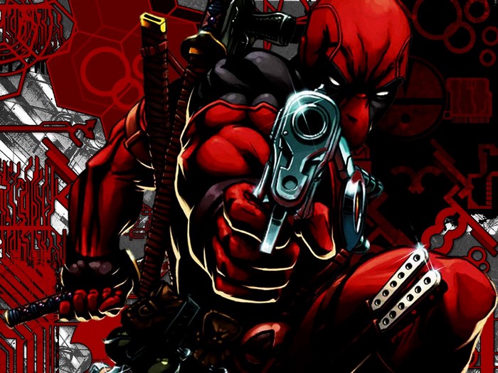 Deadpool holding a gun with swords on his back