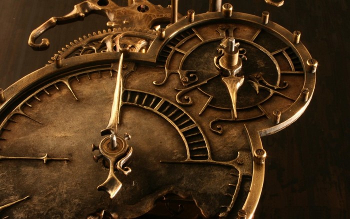Close-up of an ornate steampunk clock mechanism