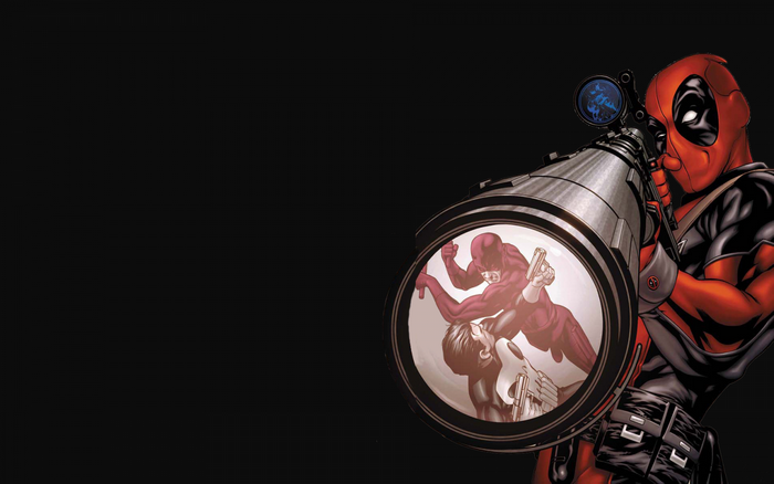 Deadpool aiming a large weapon with a scope showing Daredevil and Punisher fighting