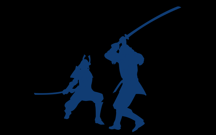 Two samurai silhouettes fighting with swords