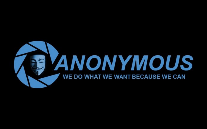 Anonymous logo with Guy Fawkes mask and slogan